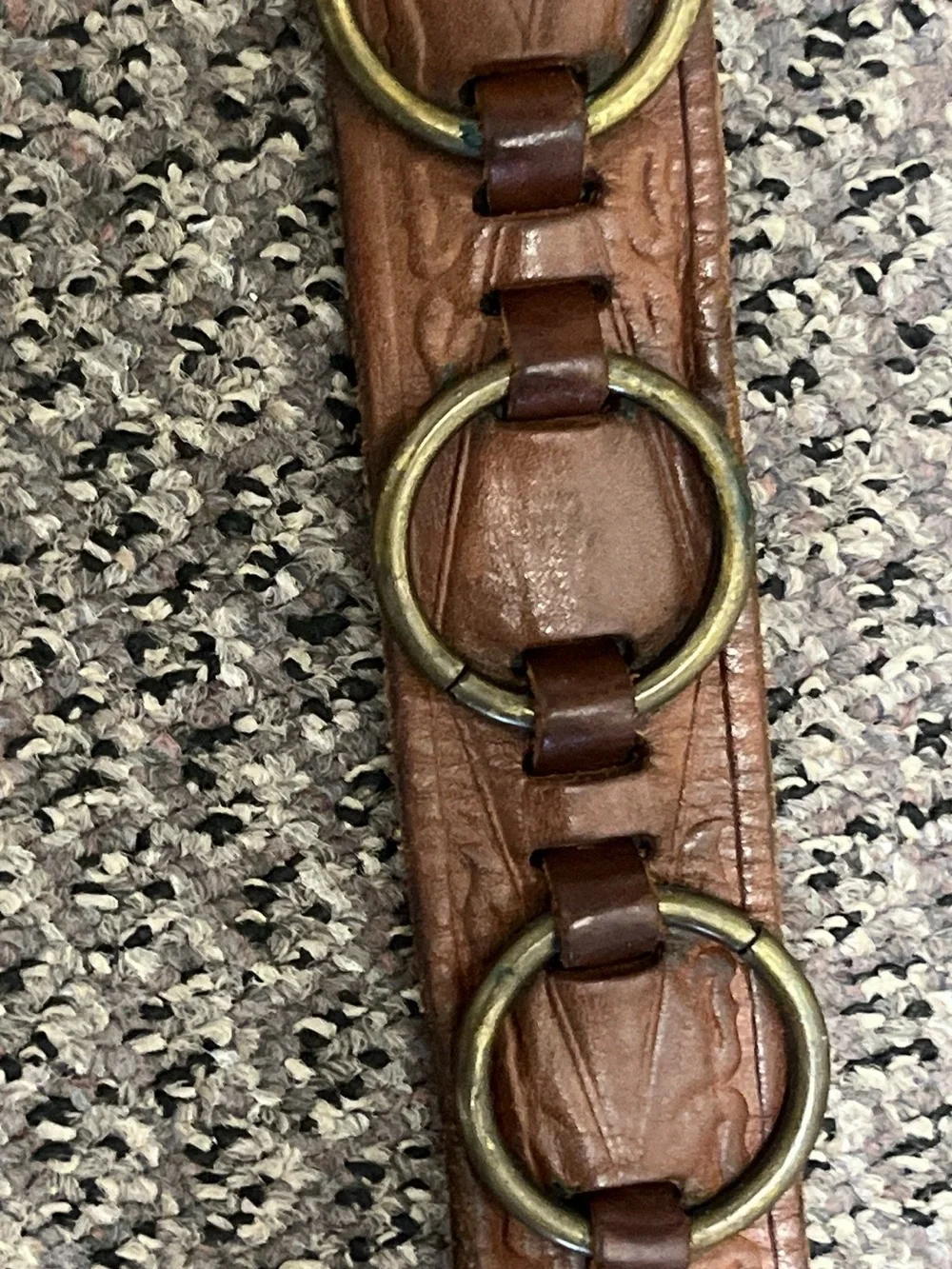 Vintage Leather Belt with Brass Ring Adornment and Buckle Size 38 - Picture 2 of 14